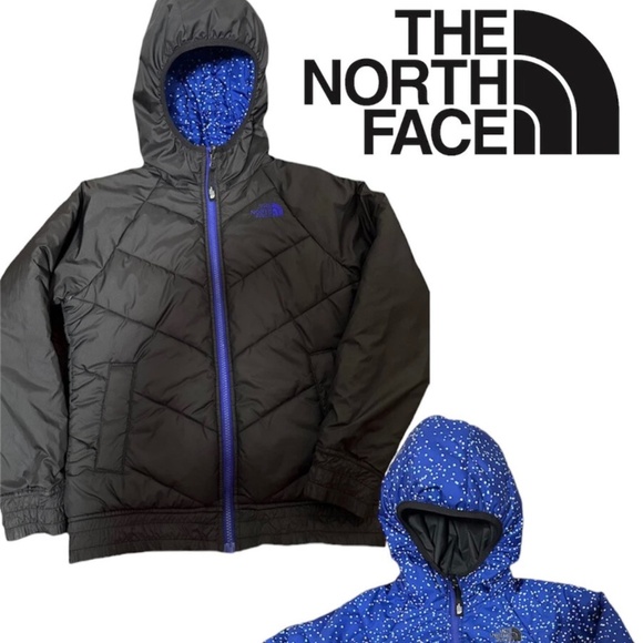 Girls THE NORTH FACE Puffer REVERSIBLE Jacket BLUE BLACK Dot Pattern Sz M 10/12 - Picture 1 of 14